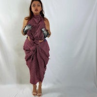a woman in a maroon and white checkered sari posing for a photo